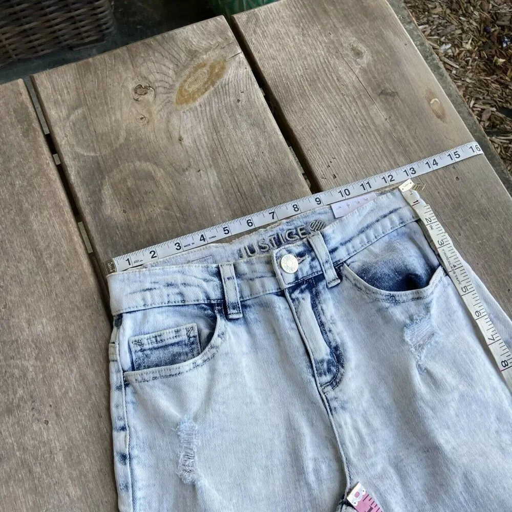 Justice Girls Jeans Sz 14S High Rise‎ Straight Acid Washed Distressed Ripped NEW